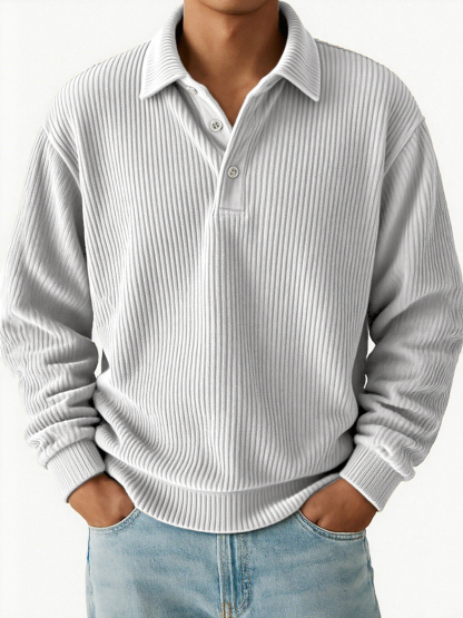  Men's Vintage Corduroy Pit Striped Casual Long Sleeve Polo Shirt-tidenox