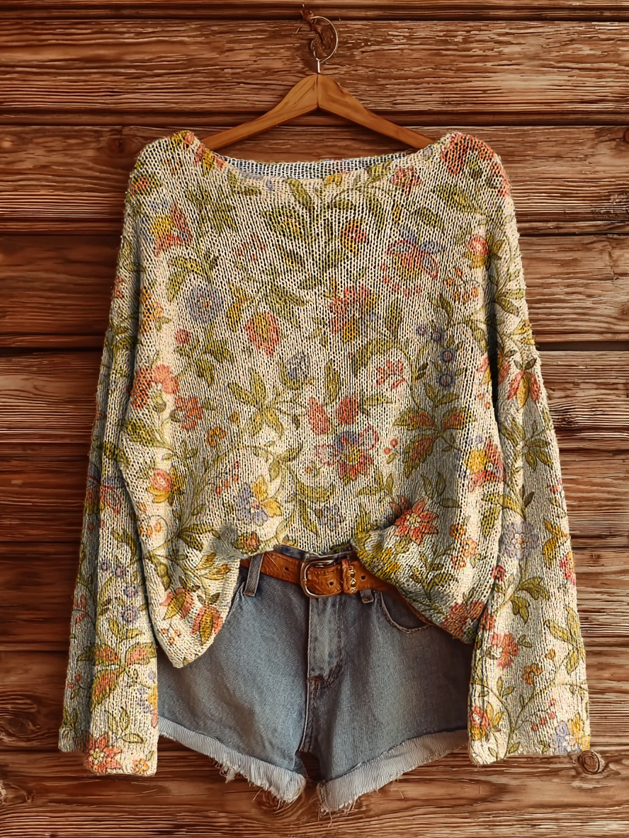 Women's Vintage Floral Art Print Casual Pullover Sweater-tidenox
