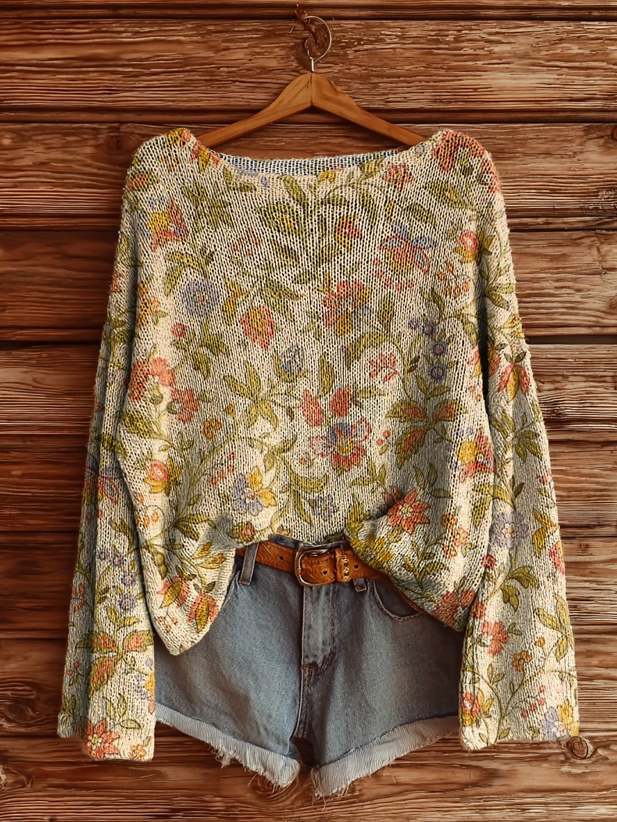 Women's Vintage Floral Art Print Casual Pullover Sweater-tidenox