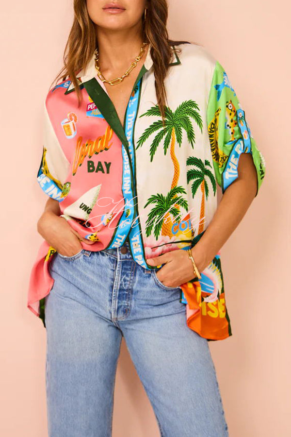 Kissed By The Sun Satin Unique Print Colorblock Button Down Oversized Blouse-tidenox