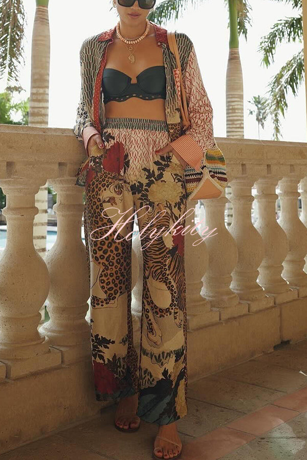 Tropical Jungle Tiger Unique Print Long Sleeve Loose Shirt and Elastic Waist Pants Set-tidenox