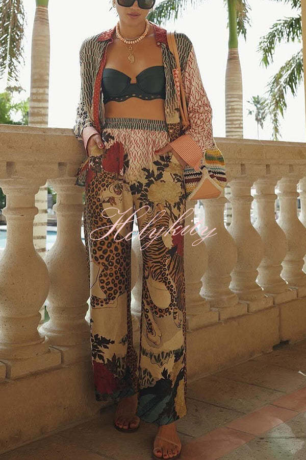 Tropical Jungle Tiger Unique Print Long Sleeve Loose Shirt and Elastic Waist Pants Set-tidenox