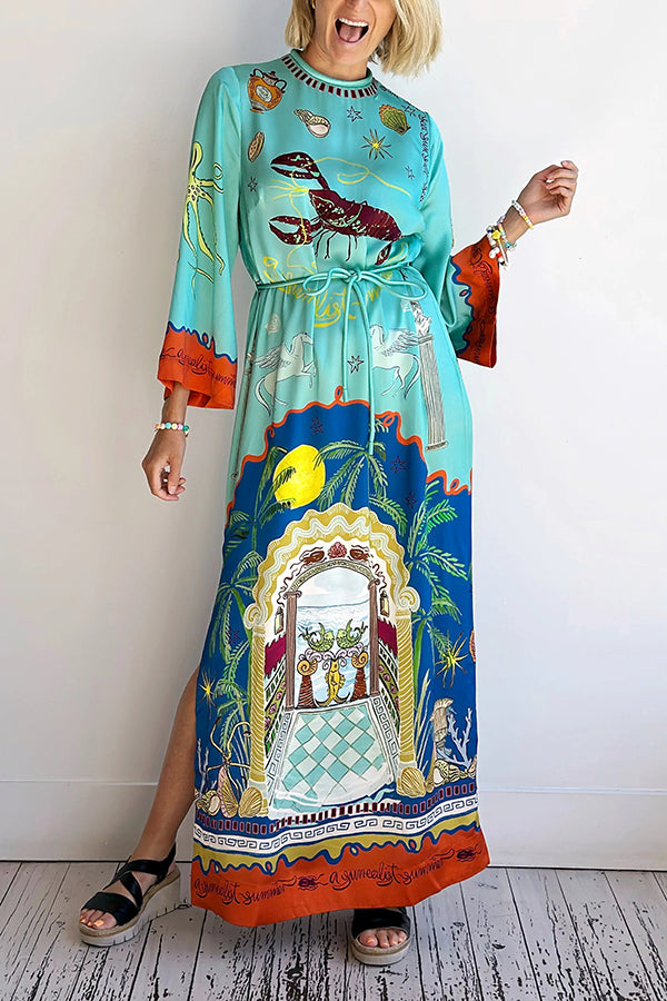 Satin Unique Print Long-sleeve Tie-waist Slit Maxi Dress-tidenox