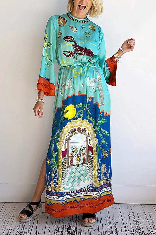 Satin Unique Print Long-sleeve Tie-waist Slit Maxi Dress-tidenox