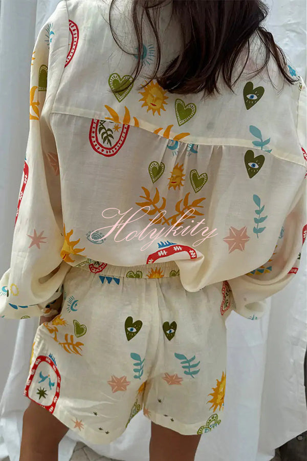 Funny Vacation Unique Printed Long Sleeve Shirt and Elastic Waist Pocket Loose Shorts Set-tidenox