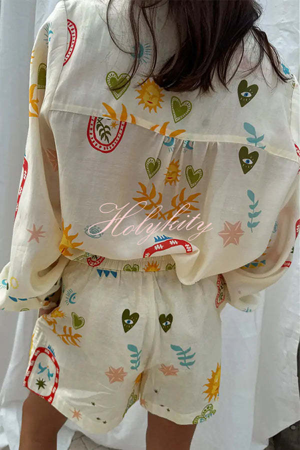 Funny Vacation Unique Printed Long Sleeve Shirt and Elastic Waist Pocket Loose Shorts Set-tidenox