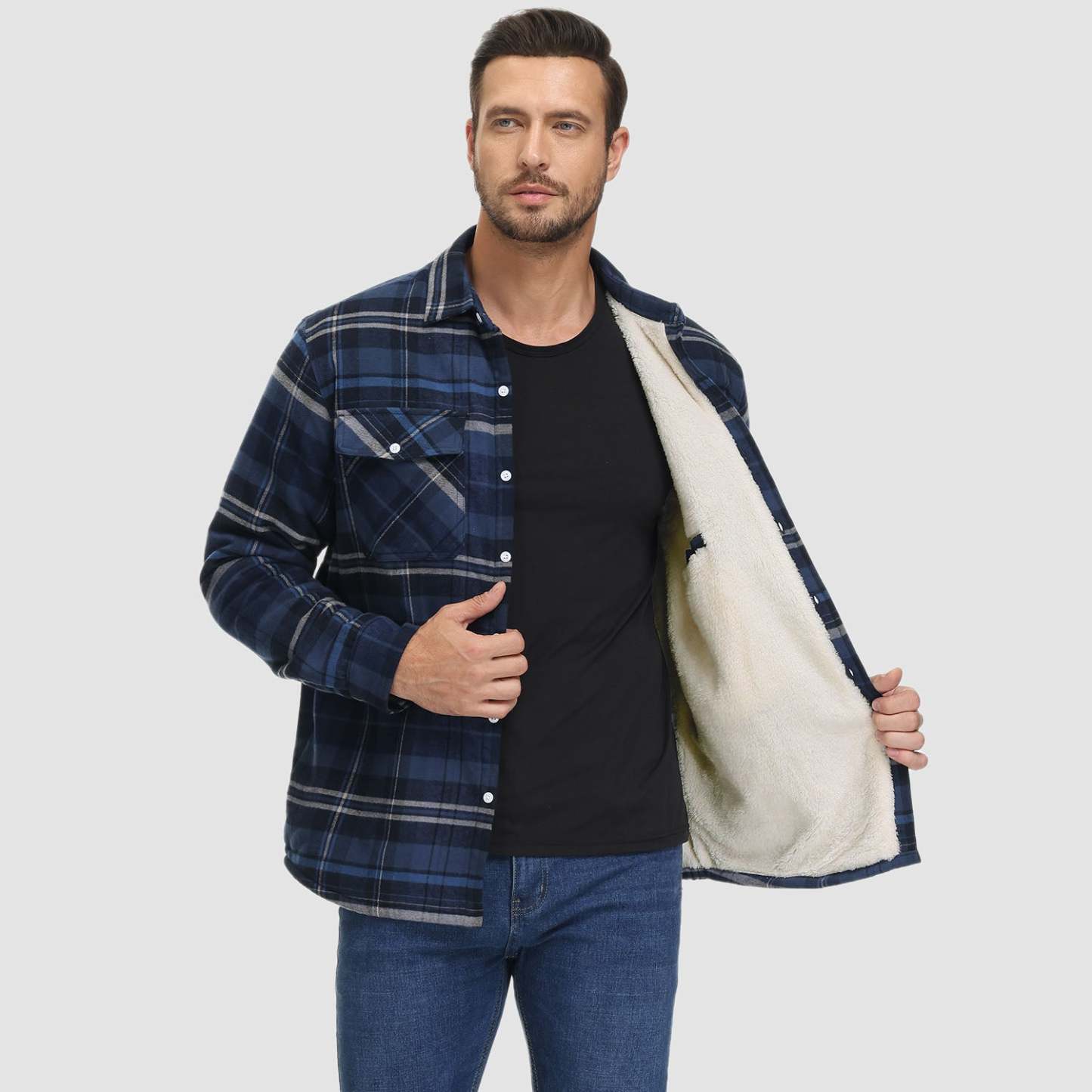 Men's Flannel Shirt Jacket - Fleece Lined Cotton Winter Coat-tidenox
