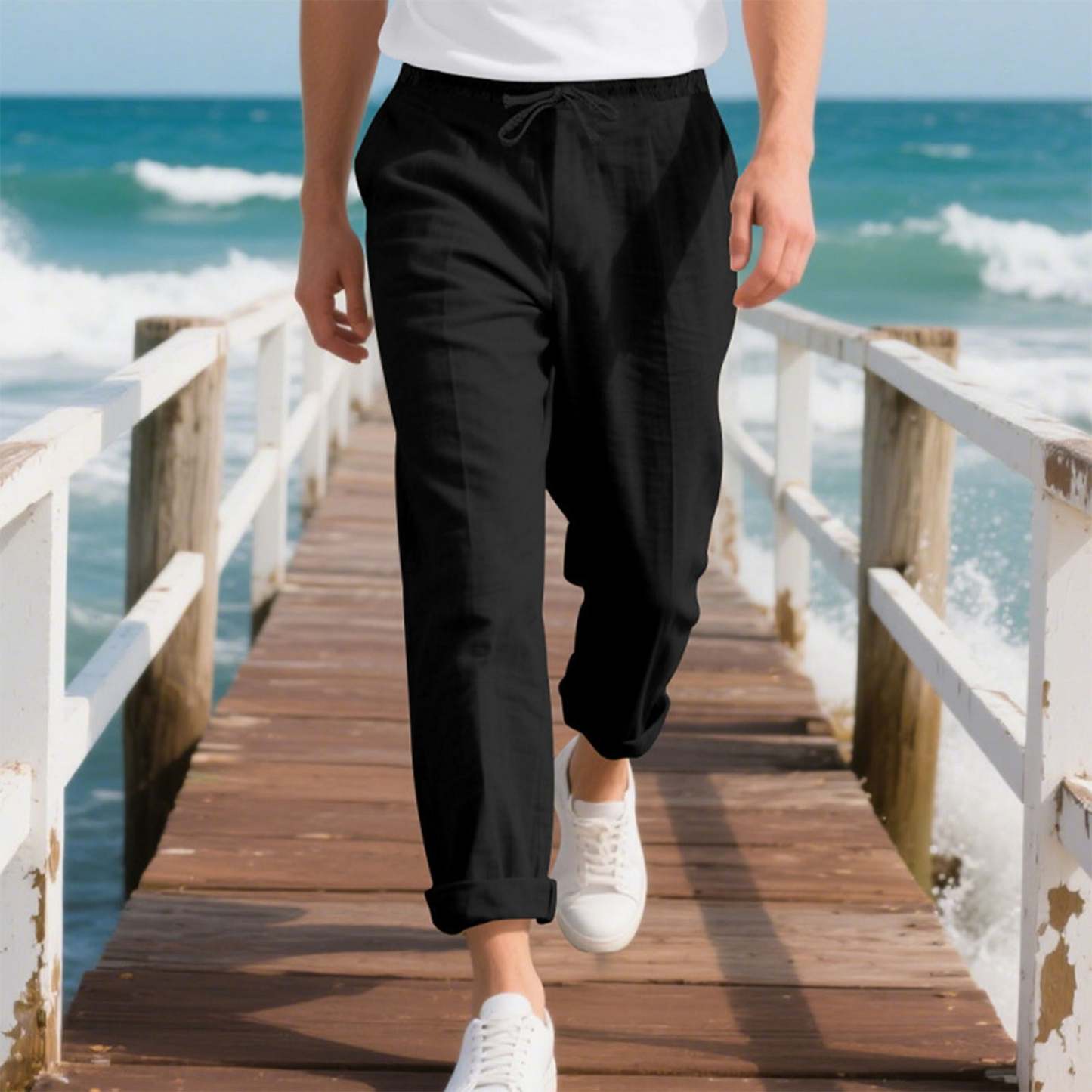Men's linen trousers summer beach pants solid color comfortable breathable holiday leisure Hawaiian Bohemian style