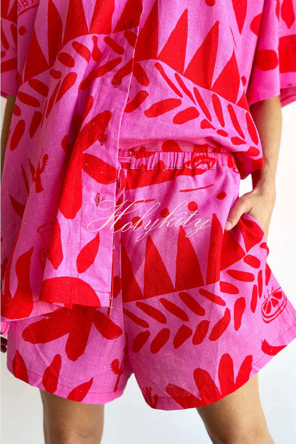 Altos Unique Printed Pocket Shirt and Elastic Waist Shorts Set-tidenox