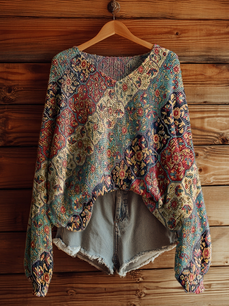 Women's Retro Ethnic Totem Collage Art Pattern Print Casual V Neck Pullover Sweater-tidenox