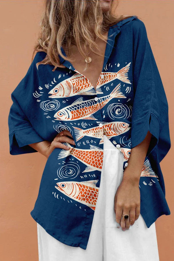 Unique Marine Print Casual Loose Shirt Top-tidenox