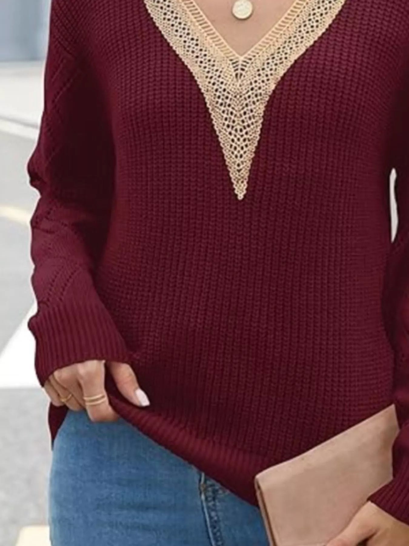 Openwork V-Neck Long Sleeve Sweater-tidenox