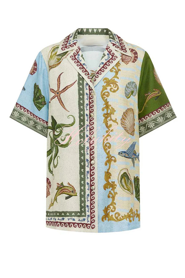 Deep Sea Dreaming Satin Unique Print Short Sleeve Shirt and Elastic Waist Pocketed Pants Set-tidenox