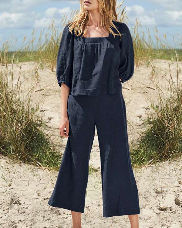 Solid Color Cotton Linen Casual Long Sleeve Loose Cotton Suit-tidenox