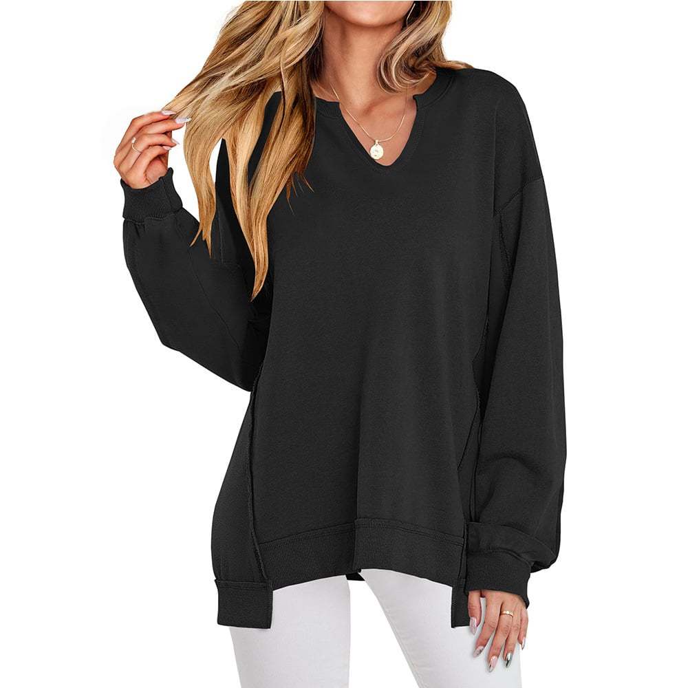 Womens Oversized Sweatshirt V Neck Long Sleeve Tunic Lightweight Pullover-tidenox