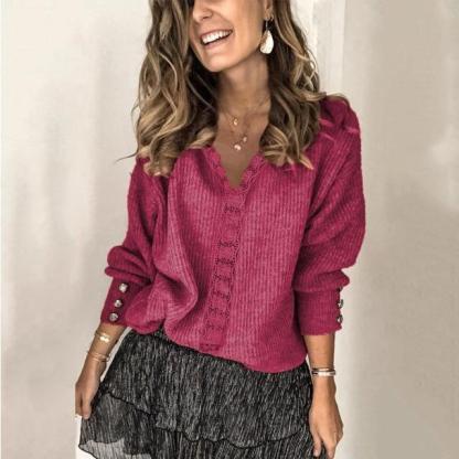 Women's Autumn Elegant Lace Long Sleeve V Neck Casual Sweater-tidenox