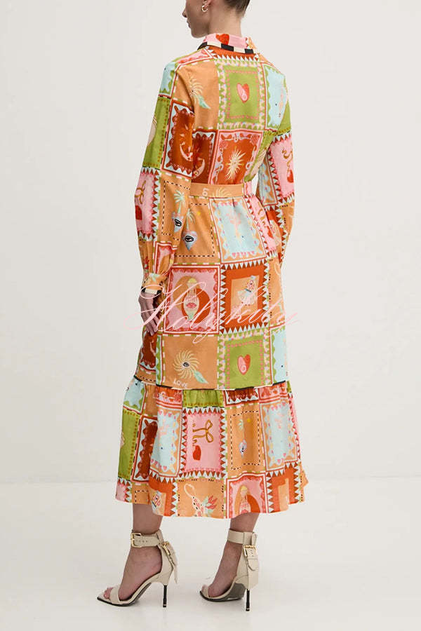 Linen Blend Unique Printed Long Sleeve Lapel Tie-waist Midi Dress-tidenox