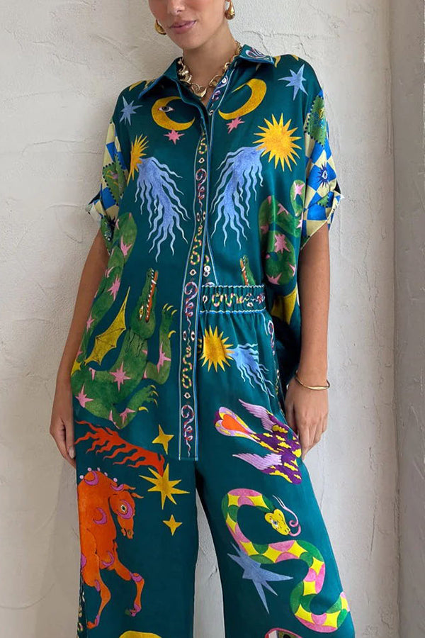 Beachy Chic Linen Blend Unique Print Button Down Oversized Blouse-tidenox