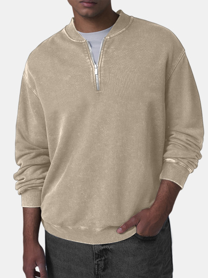 Men's Retro Casual Baseball Collar Zip Long Sleeve Top-tidenox