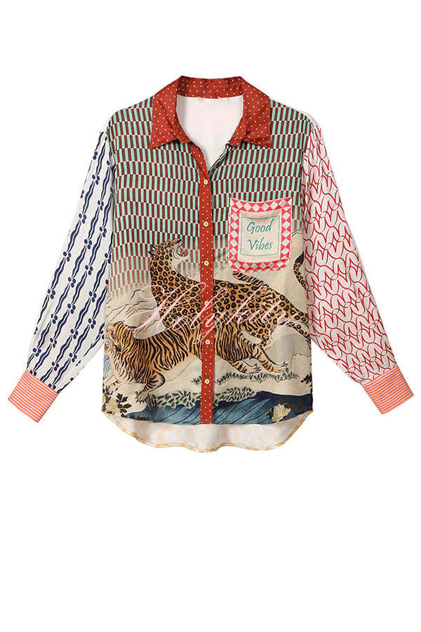 Tropical Jungle Tiger Unique Print Long Sleeve Loose Shirt and Elastic Waist Pants Set-tidenox