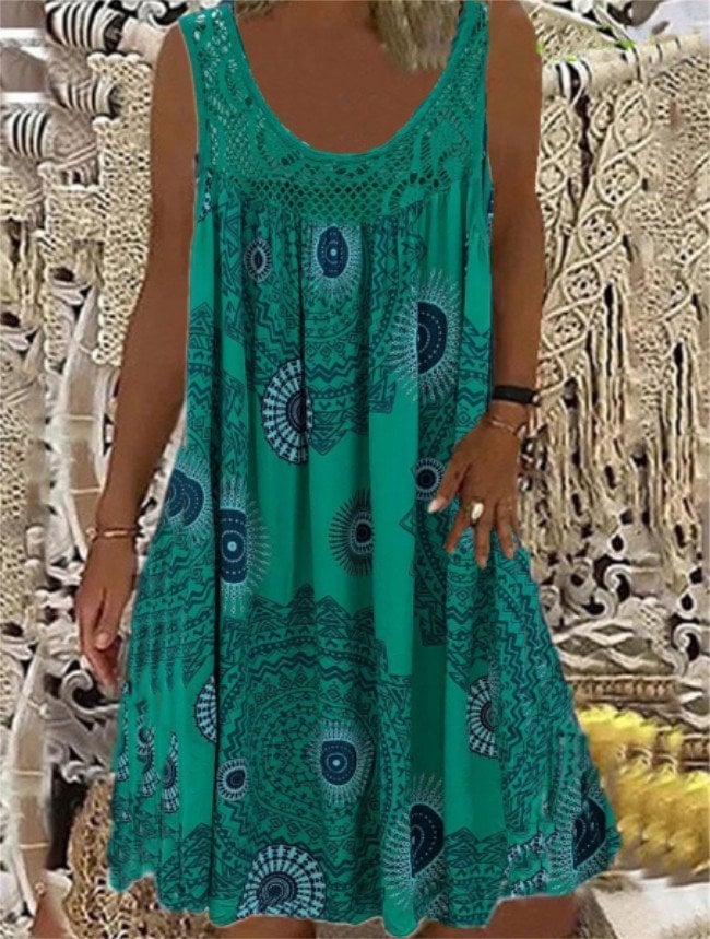 💥Women Summer O-Neck Sleeveless Print Dress-tidenox
