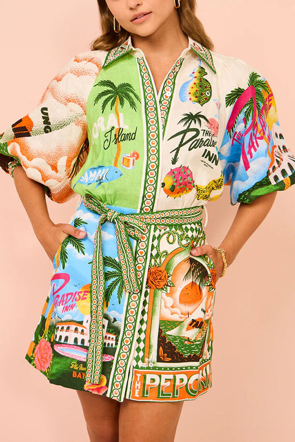 Summer Sophistication Linen Blend Unique Print Belted Pocket Shirt Mini Dress-tidenox