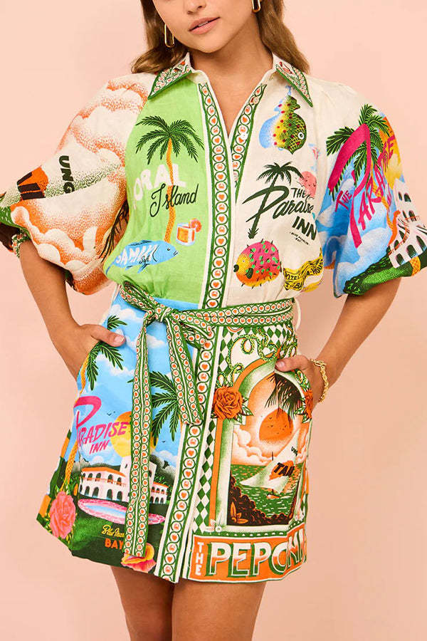 Summer Sophistication Linen Blend Unique Print Belted Pocket Shirt Mini Dress-tidenox