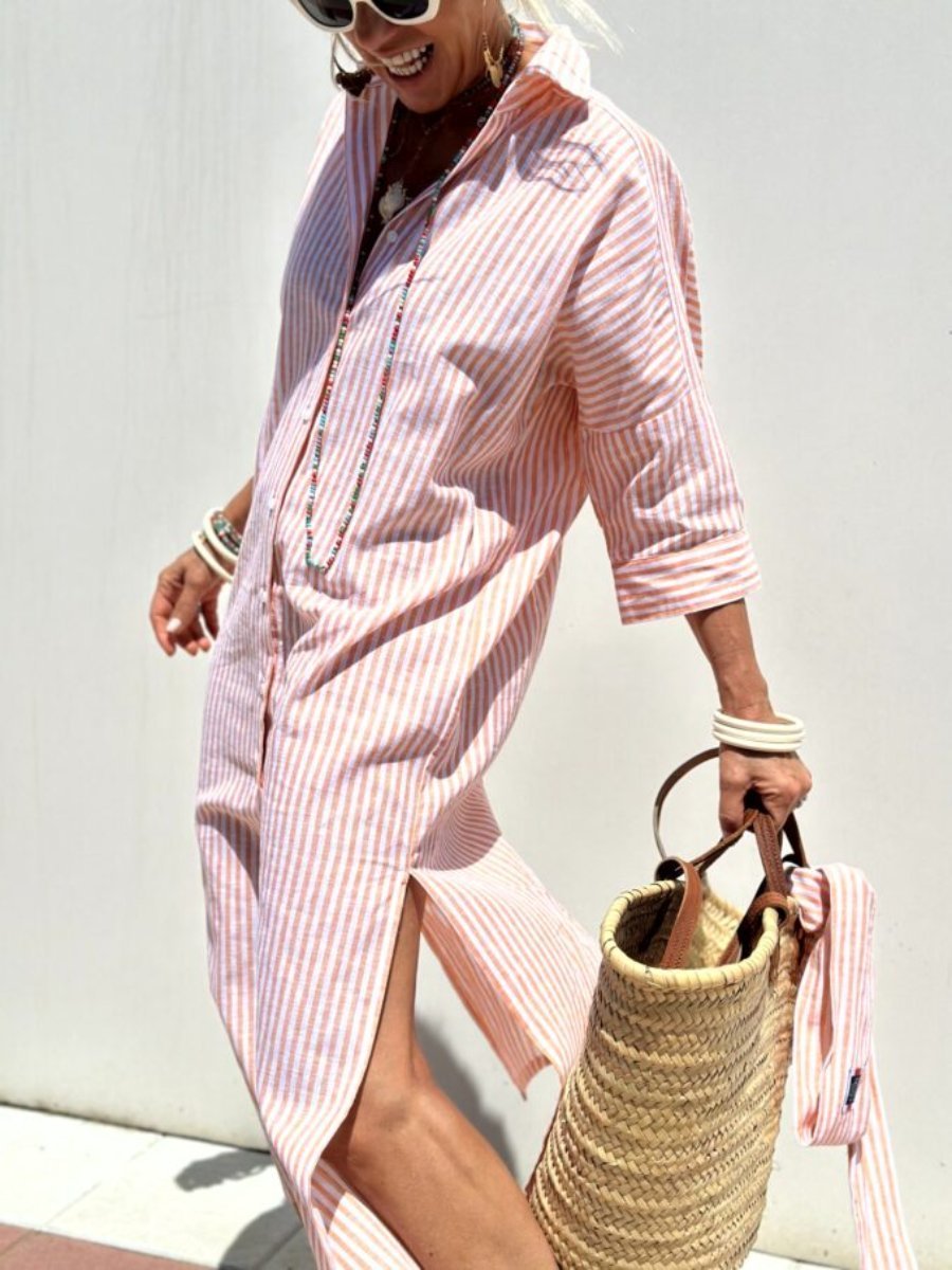 Classic Striped Lace-Up Shirt Dress-tidenox