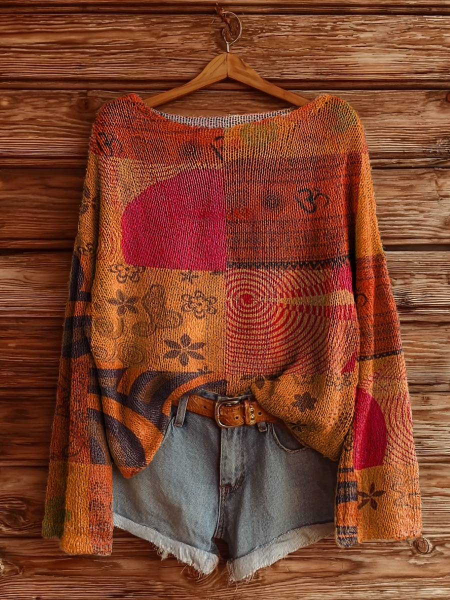 Women's Vintage Hippie Patchwork Art Print Casual Pullover Sweater-tidenox