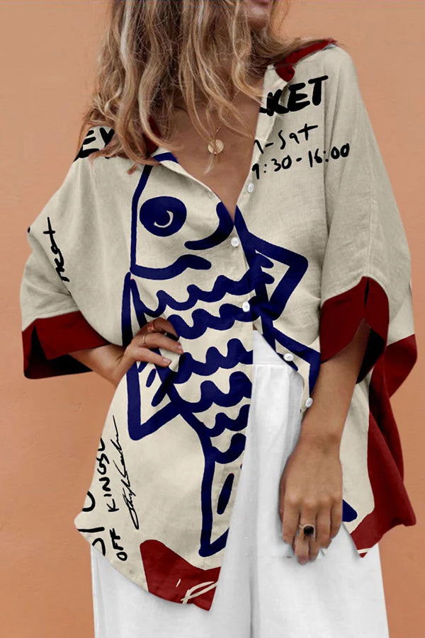 Unique Marine Print Casual Loose Shirt Top-tidenox