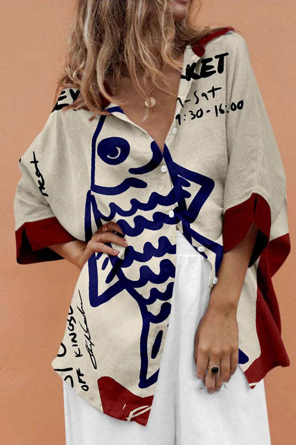 Unique Marine Print Casual Loose Shirt Top-tidenox