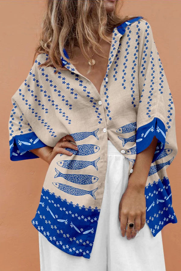 Unique Marine Print Casual Loose Shirt Top-tidenox