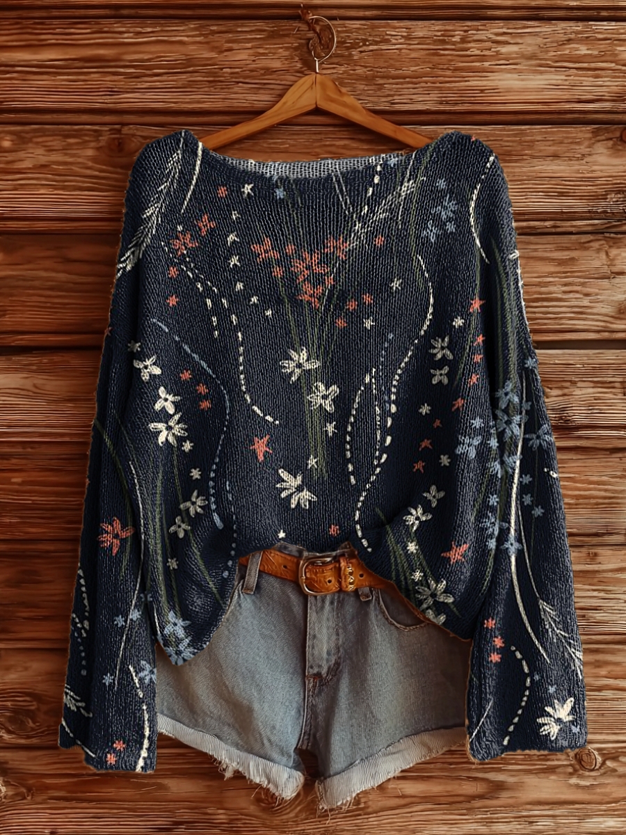 Women's Vintage Folk Floral Art Print Casual Pullover Sweater-tidenox