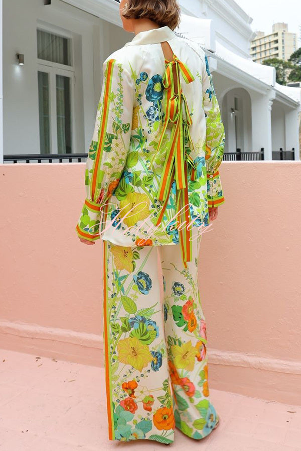 Marielle Satin Floral Print Back Elastic Waist Pocketed Wide Leg Pants-tidenox