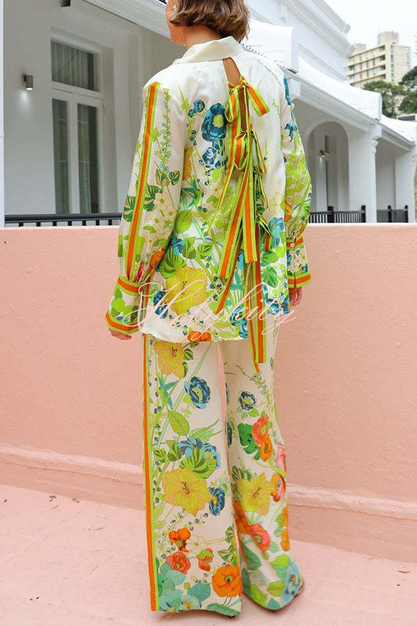 Marielle Satin Floral Print Back Elastic Waist Pocketed Wide Leg Pants-tidenox