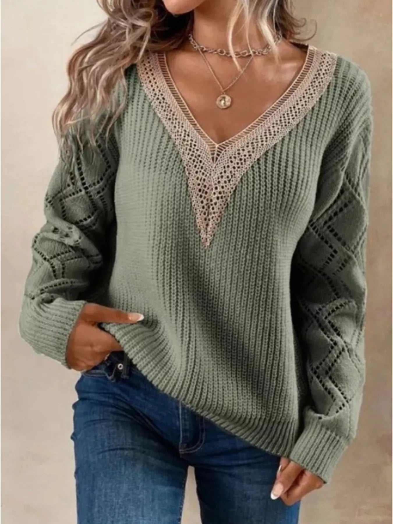 Openwork V-Neck Long Sleeve Sweater-tidenox