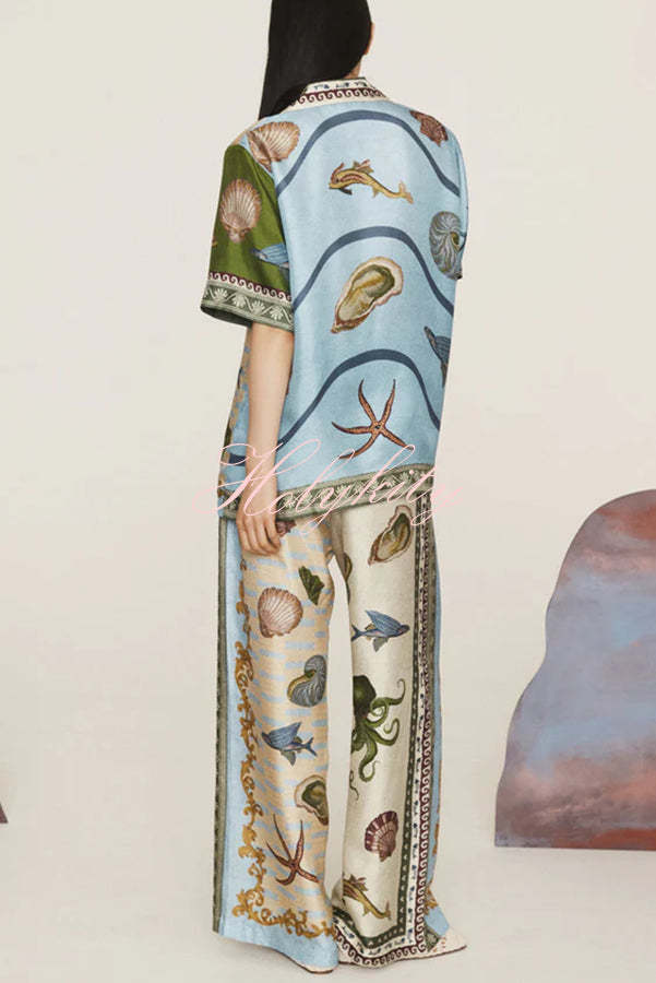 Deep Sea Dreaming Satin Unique Print Short Sleeve Shirt and Elastic Waist Pocketed Pants Set-tidenox