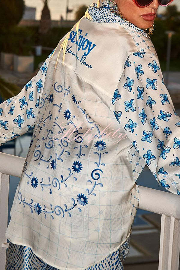 Stylized Dragon Satin Unique Print Long Sleeve Loose Shirt and Elastic Waist Pants Set-tidenox