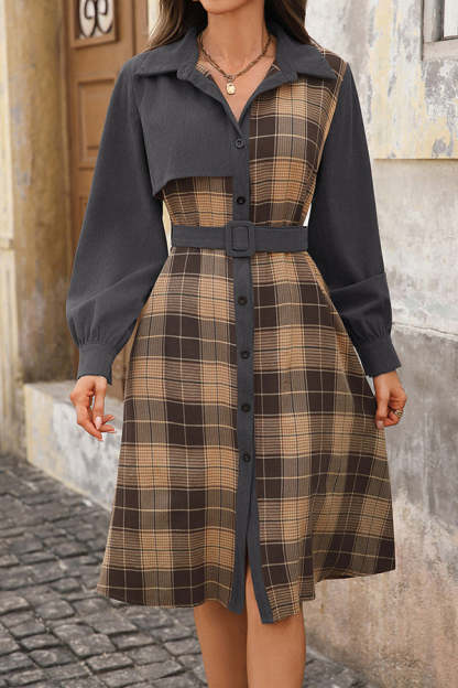 Retro Plaid Patchwork Casual Belt Workplace Style Midi Dress-tidenox