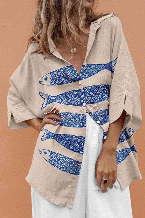 Unique Marine Print Casual Loose Shirt Top-tidenox