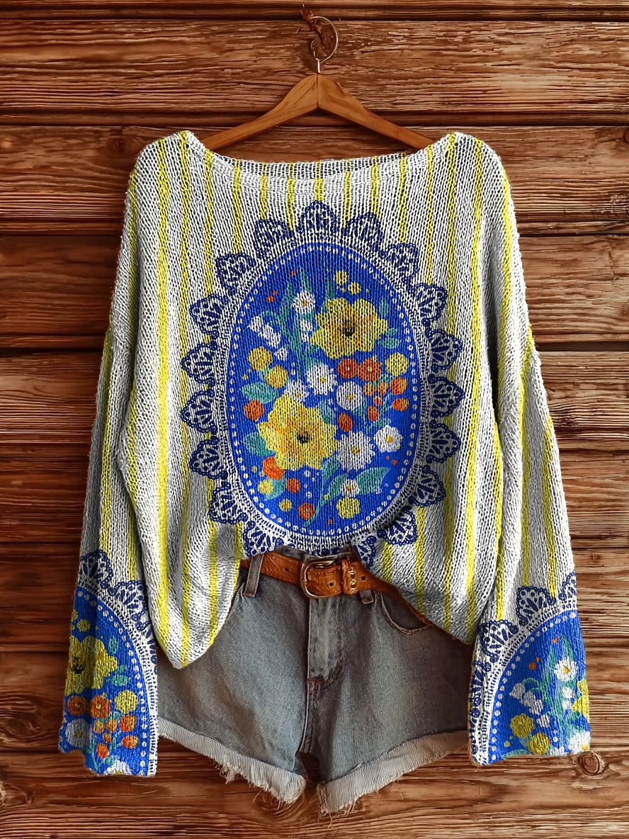 Women's Striped Floral Tattoo Pattern Art Print Casual Pullover Sweater-tidenox