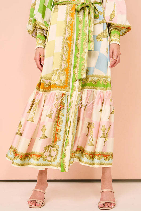Garden Party Satin Unique Print Balloon Sleeve Belted Shirt Maxi Dress-tidenox
