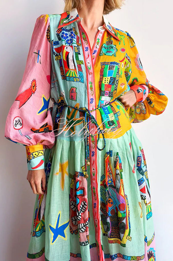 Set for Vacay Unique Print Colorblock Balloon Sleeve Belt Shirt Midi Dress-tidenox