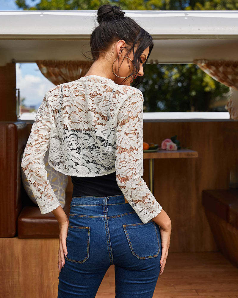 Women's 3 4 Sleeve Bolero Shrugs Crochet Lace Open Cardigan - Zeagoo (Us Only)-tidenox