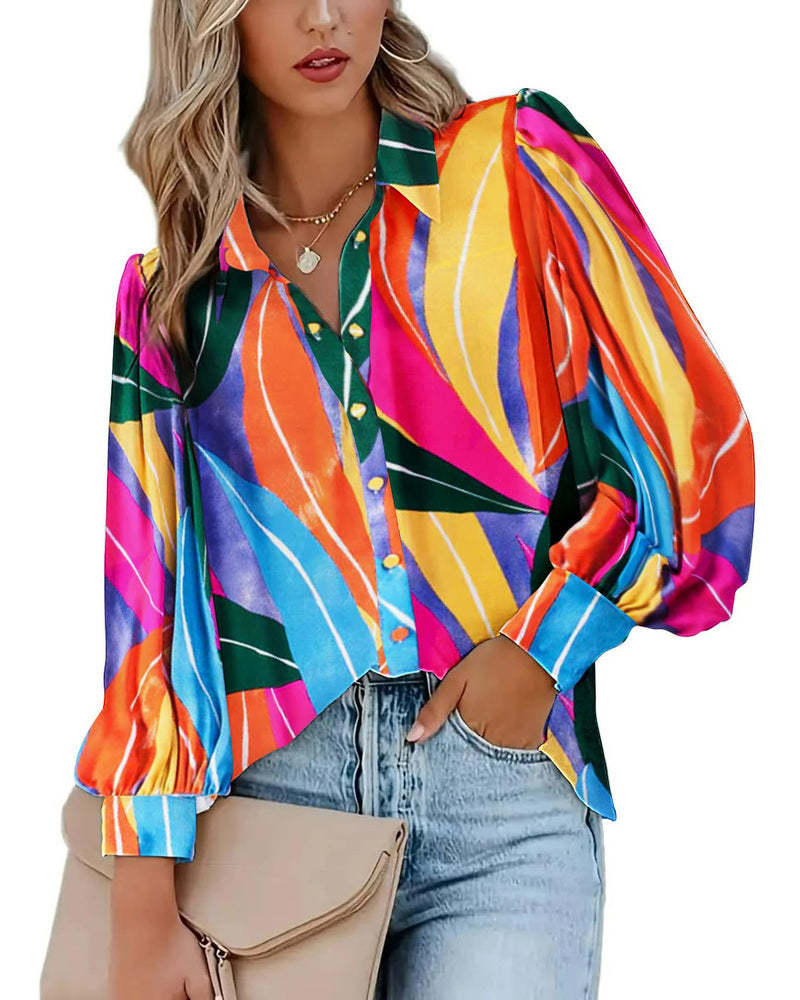 Zeagoo Printed Lantern Long Sleeve Blouse-tidenox