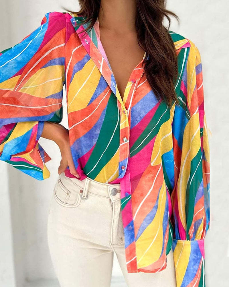 Zeagoo Printed Lantern Long Sleeve Blouse-tidenox