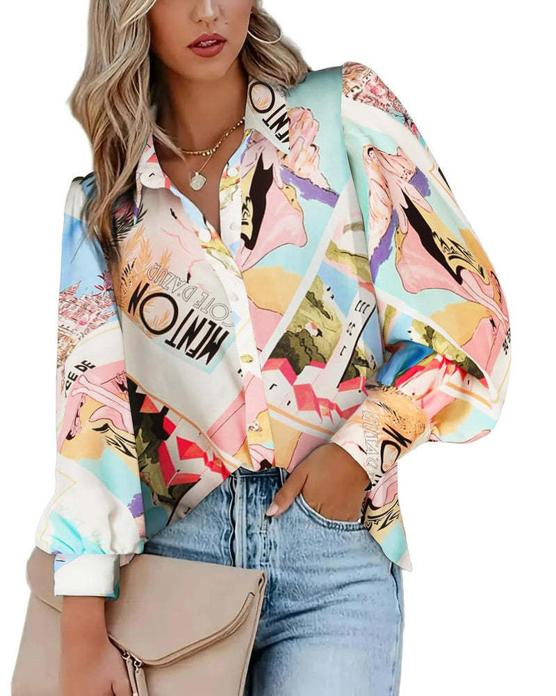Zeagoo Printed Lantern Long Sleeve Blouse-tidenox