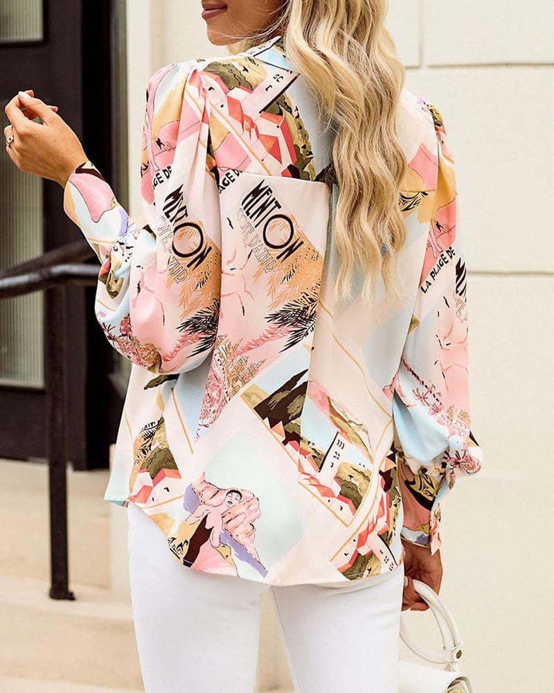 Zeagoo Printed Lantern Long Sleeve Blouse-tidenox