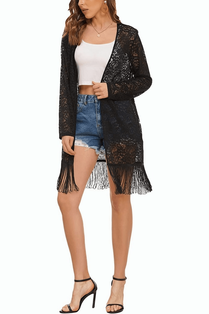 Lace Cover Up Tassel Sheer Cardigan - Zeagoo (Us Only)-tidenox