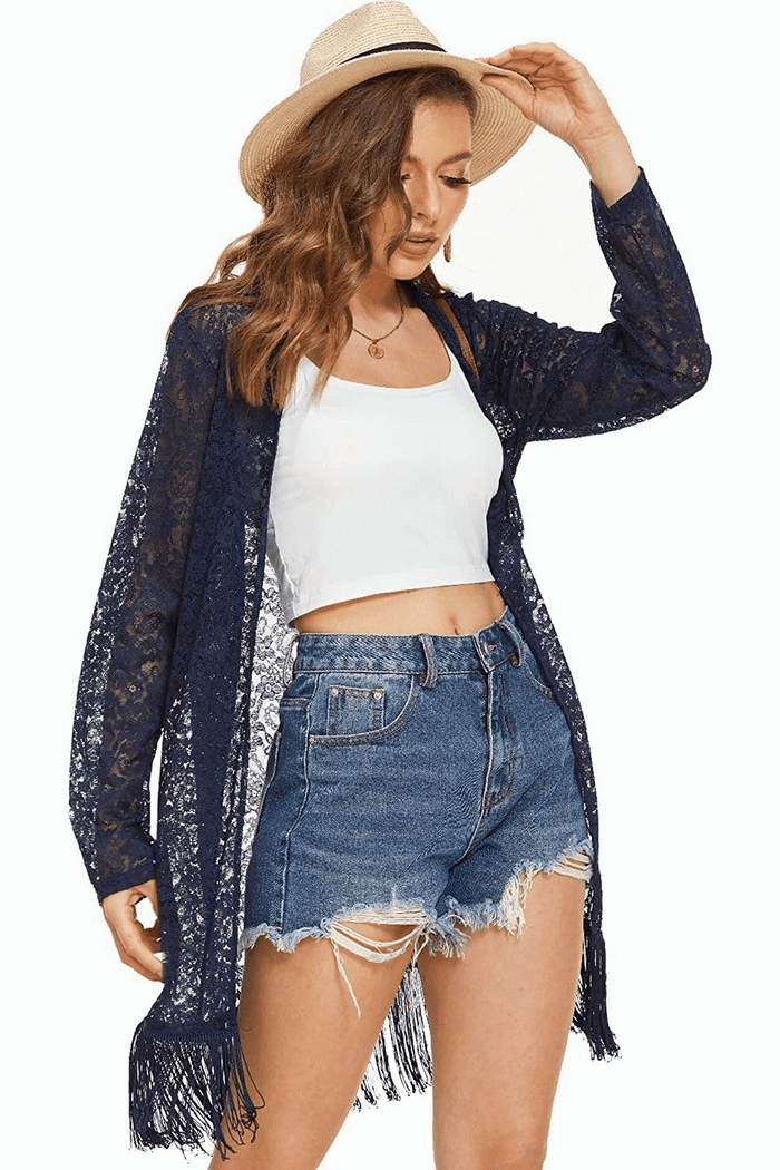 Lace Cover Up Tassel Sheer Cardigan - Zeagoo (Us Only)-tidenox